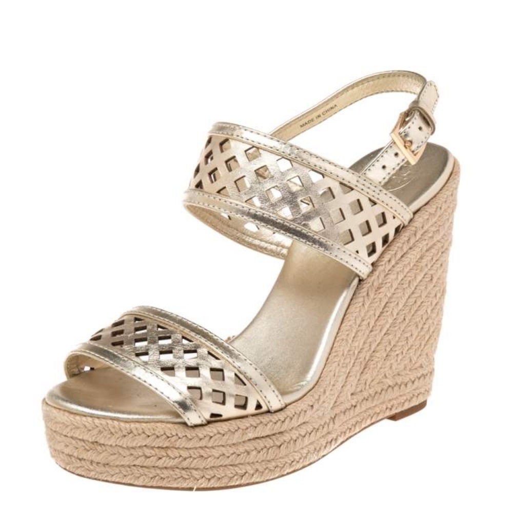 Tory Burch Gold Laser Cut Leather Nori Cork Wedges Espadrille Sandals Sz 8